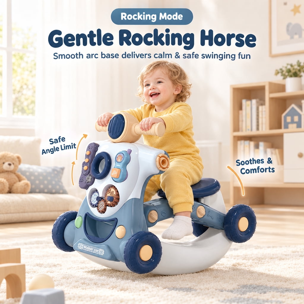 Doulami Baby Walk, 6-in-1 Baby Walker Ride On Toy with Activity Panel, Music, Lights, Push Handle and Rocking Base, Morandi Blue