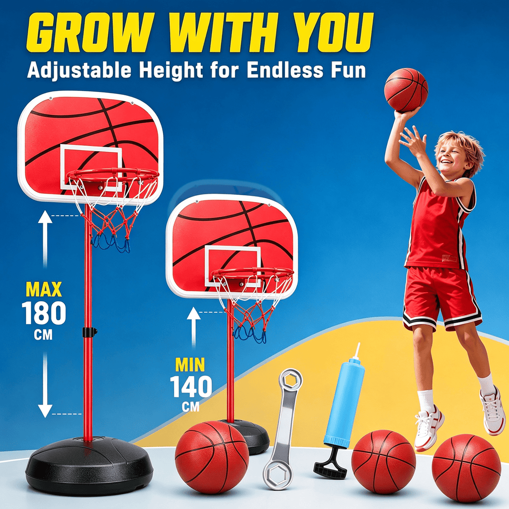 Doulami Kids Basketball Hoop, 1.8M Height Adjustable Indoor Outdoor Mini Basketball Goal Set with 3 Basketballs & Inflatable Pump, Sports Toy Gift for Boys Girls 3-8 Years Old