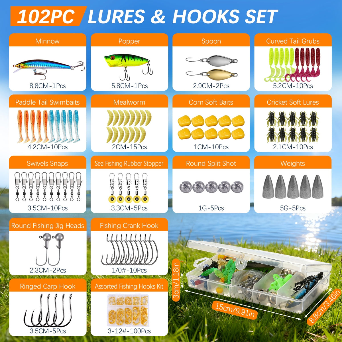 Doulami Fishing Poles, 102-Pcs Lure Kit, 2 Telescopic Fishing Poles (5.9ft & 6.9ft) with Spincast Reel, Hooks Lures Swivels Carry Bag for Beginners
