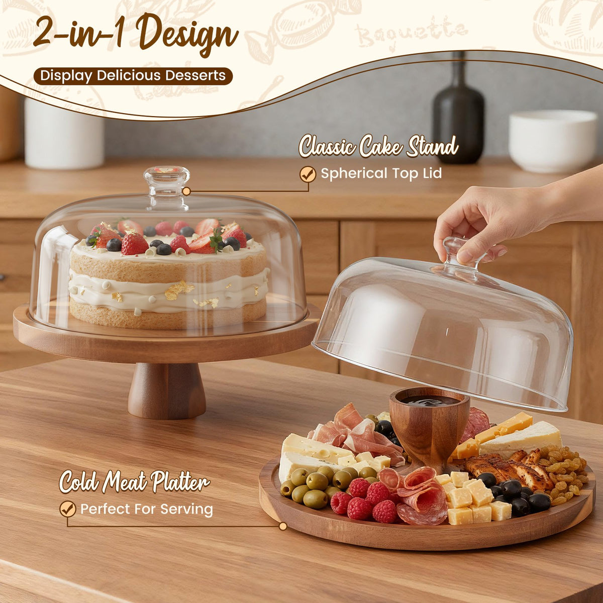 Doulami 12 Inch Cake Stand with Glass Dome, Wooden Cake Display Stand, Multifunctional Serving Tray for Dessert Fruit Salad