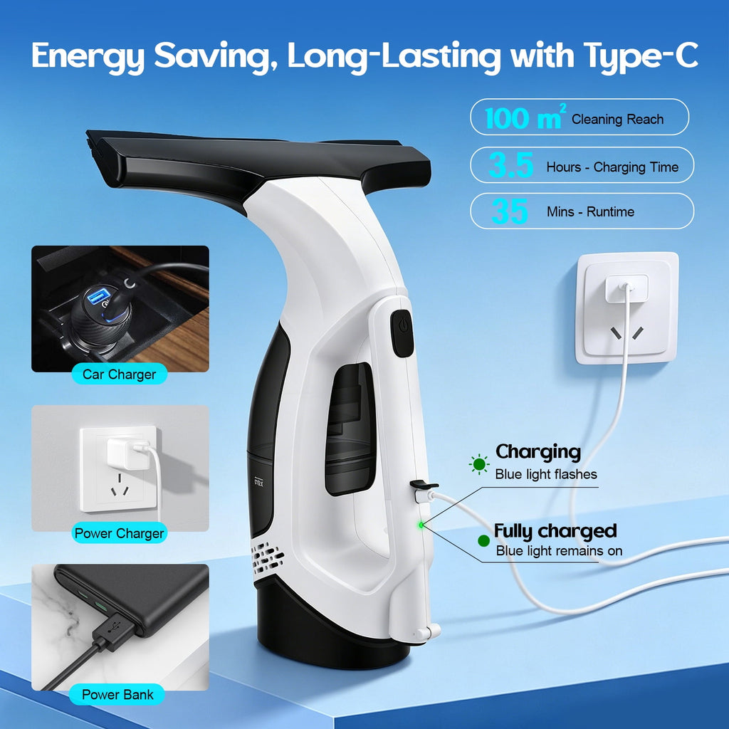 Window Vacuum Squeegee with 31-40" Extension Pole, 2000Pa Electric Window Cleaner Tool with 150ml Tank, 2200mAh Cordless Window Vacuum for Windows, Shower Doors, Mirrors and Tiles