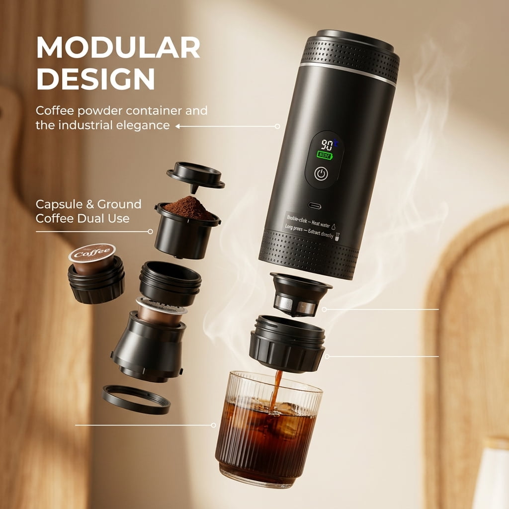 Doulami Rechargeable Cordless Portable Coffee Maker for Travel & Camping, Espresso Machine for Ground Coffee & NS Capsules, Battery Operated for RV, Hiking, Office