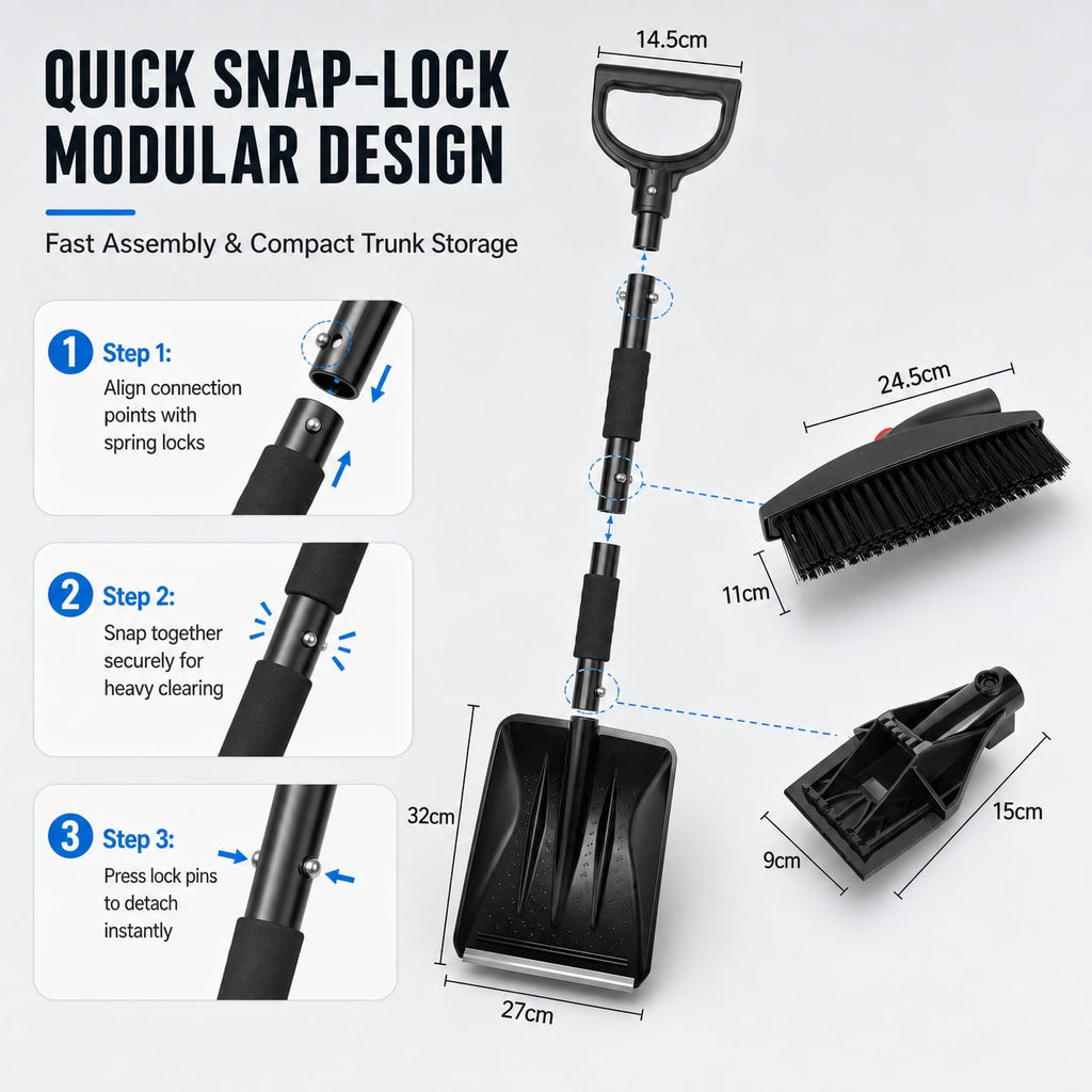 Doulami snow shovel and Ice Scraper 3-in-1 Car Snow Removal Kit, Adjustable Extension Handle with Brush, Square Snow Shovel and Ice Scraper, 95 x 24 x 14 cm