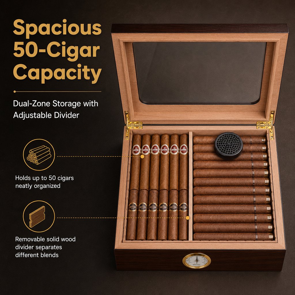 Doulami Handmade Cigar Humidor, featuring Cedar wood desktop box with built-in humidifier and hygrometer, glass top, and capacity for 50 cigars, in brown