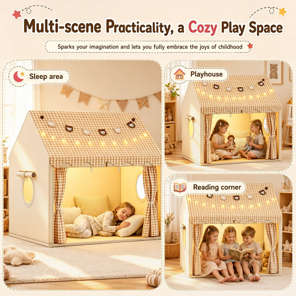 DOULAMI Kids Play Tent Indoor with Star Lights & Bear Garland - Spacious Playhouse Tent for Kids, Durable Kids Toys for Girls Boys Birthday Gift