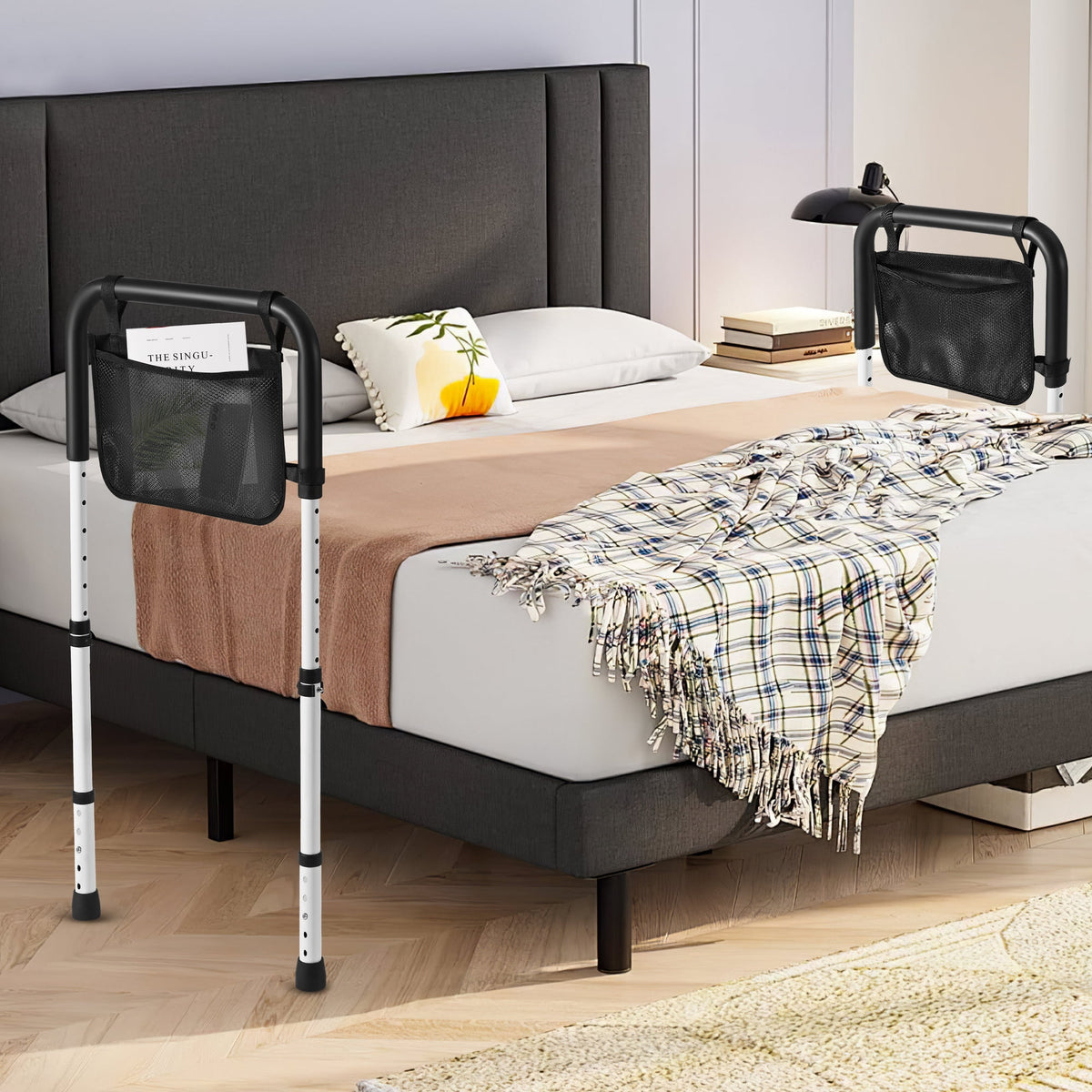 Doulami Bed Assist Rail for Elderly Adults Height Adjustable Bedside Standing Bar for Seniors Safety Bed Handle with Leg Fall Prevent Grab Bar with Storage Pocket