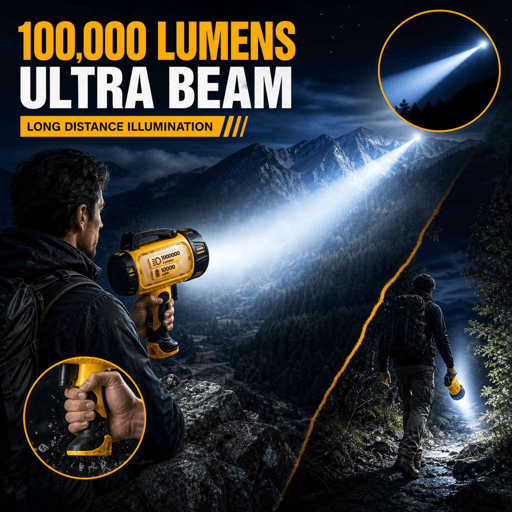 Doulami 100000 Lumen Rechargeable LED Spotlight Flashlight, Built-in 10000mAh Large Capacity Battery, IP67 Waterproof Handheld Torch with Foldable Stand for Camping Hiking Emergency