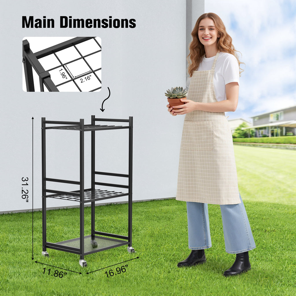 Doulami Garden Tool Organizer Cart, 3-Tier Rolling Garage Tool Rack with 35 Slots & Hooks, Heavy Duty Steel Yard Tool Storage for Shovels Rakes Brooms, Garage Shed Yard