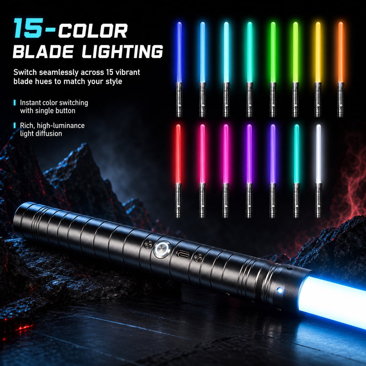 Doulami LED Light Sword, 15-Color Rechargeable with Sound & Clash Effects, Metal Hilt USB Charging, 30.7" Cosplay Collectible