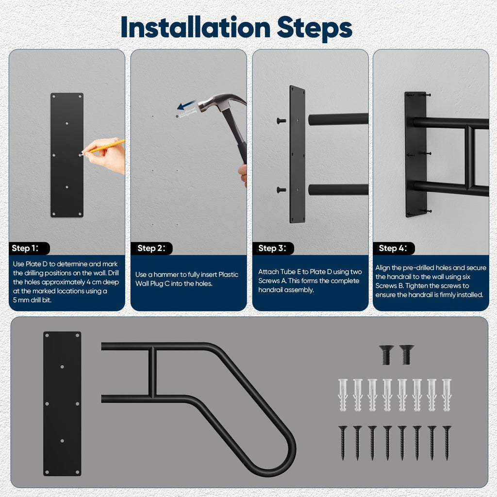 Doulami Wall Mount Handrail for Outdoor Steps, 24.8" U-Shaped Welded Stair Grab Bar with Hardware Kit, Waterproof Rustproof for Porch Garage Bathroom Seniors Safety