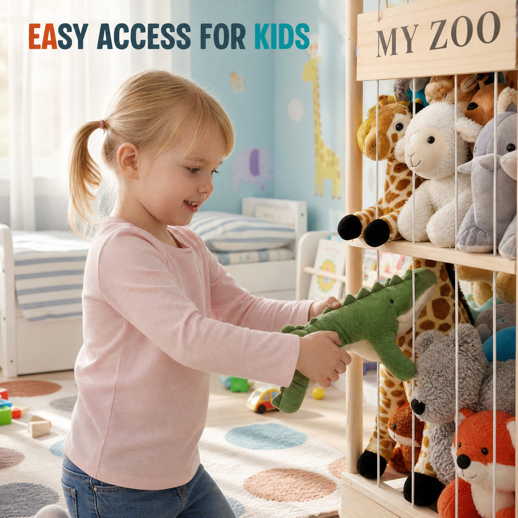 Doulami Wooden Stuffed Animal Storage, Holds Up to 40 Plush Toys, Vertical Corner Plush Toy Storage with Elastic Straps, Zoo Toy Organizer for Kids Nursery Bedroom Playroom
