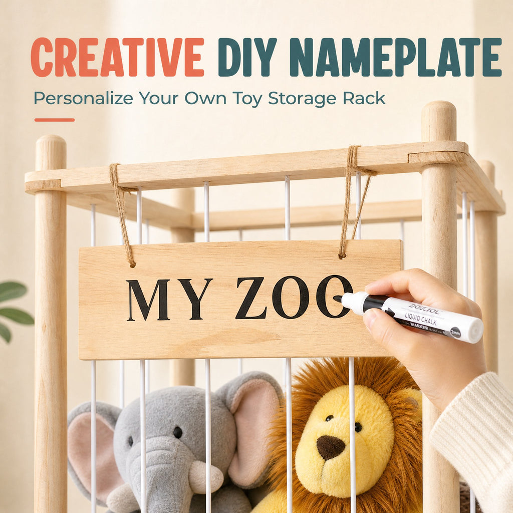 Doulami Wooden Stuffed Animal Storage, Holds Up to 40 Plush Toys, Vertical Corner Plush Toy Storage with Elastic Straps, Zoo Toy Organizer for Kids Nursery Bedroom Playroom