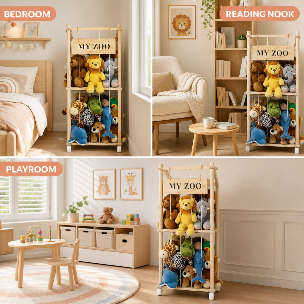 Doulami Wooden Stuffed Animal Storage, Holds Up to 40 Plush Toys, Vertical Corner Plush Toy Storage with Elastic Straps, Zoo Toy Organizer for Kids Nursery Bedroom Playroom