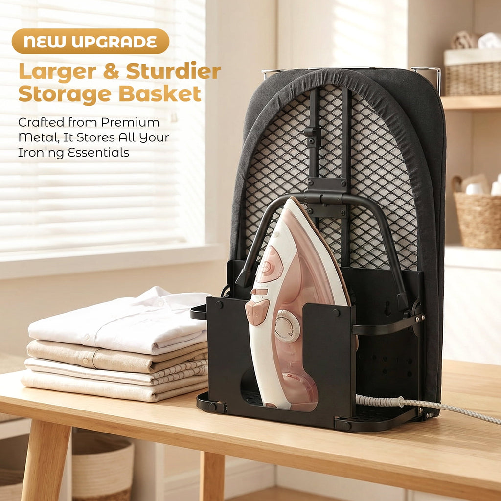 Doulami Small Tabletop Ironing Board with Retractable Iron Rest & Storage Basket, Foldable 4-Layer Heat Resistant Cover, Sturdy Support, Space-Saving for Laundry Room Apartment Dorm