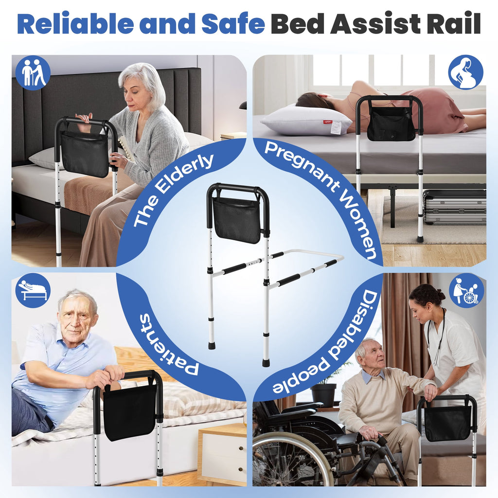 Doulami Bed Assist Rail for Elderly Adults Height Adjustable Bedside Standing Bar for Seniors Safety Bed Handle with Leg Fall Prevent Grab Bar with Storage Pocket