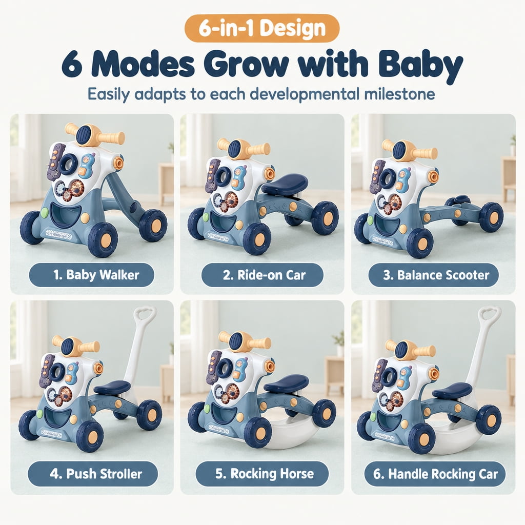 Doulami Baby Walk, 6-in-1 Baby Walker Ride On Toy with Activity Panel, Music, Lights, Push Handle and Rocking Base, Morandi Blue