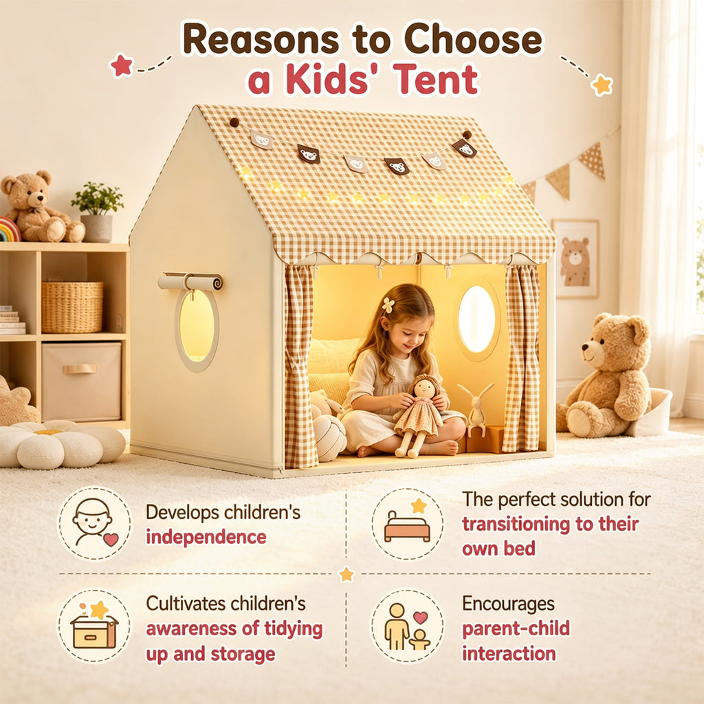 DOULAMI Kids Play Tent Indoor with Star Lights & Bear Garland - Spacious Playhouse Tent for Kids, Durable Kids Toys for Girls Boys Birthday Gift