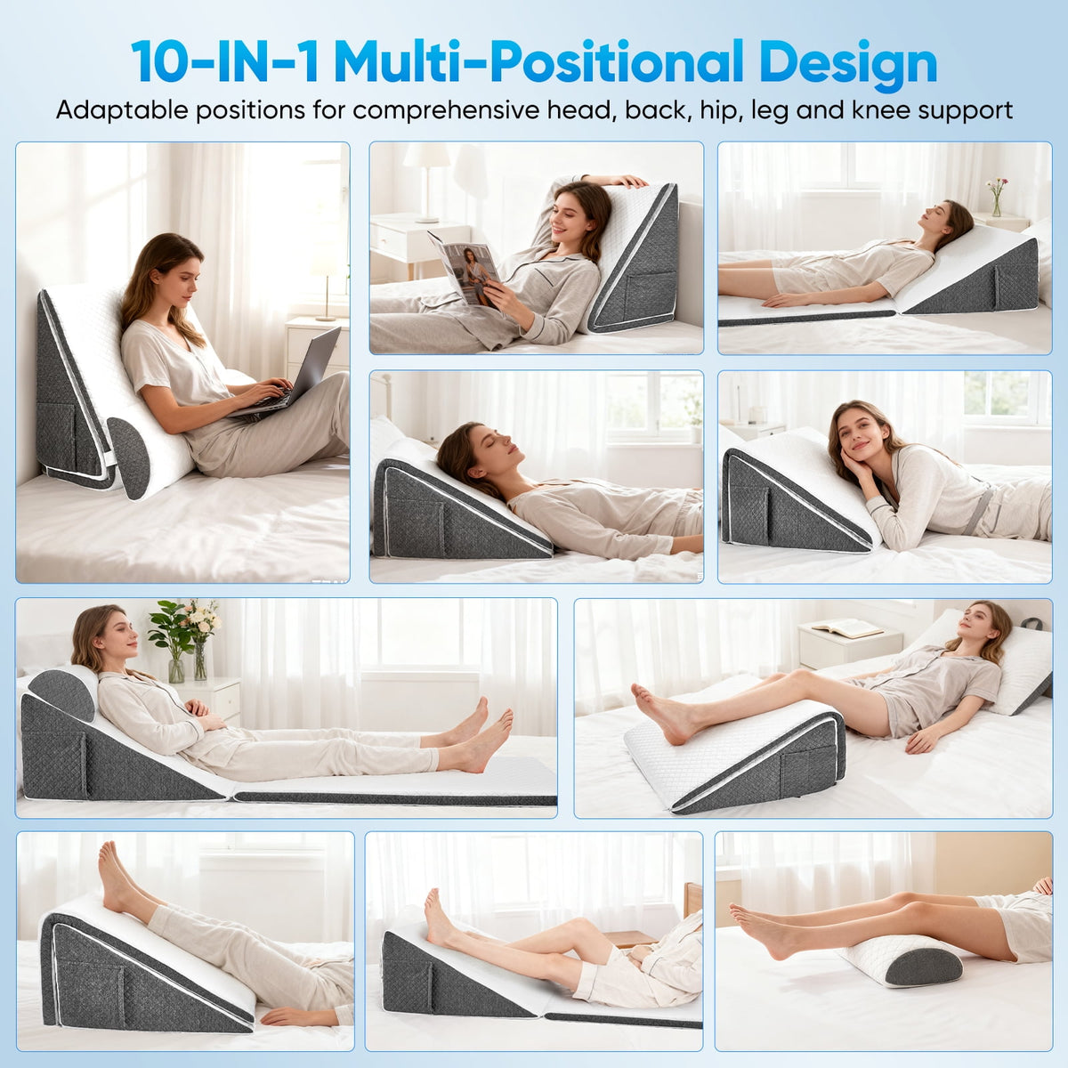 Knee Wedge Pillow, Convertible Knee Pillow for Back Sleeping, Dual-Layer Memory Foam Triangle Pillow for Legs Post Surgery, Knee Support, Leg Elevation, Back Pain Relief