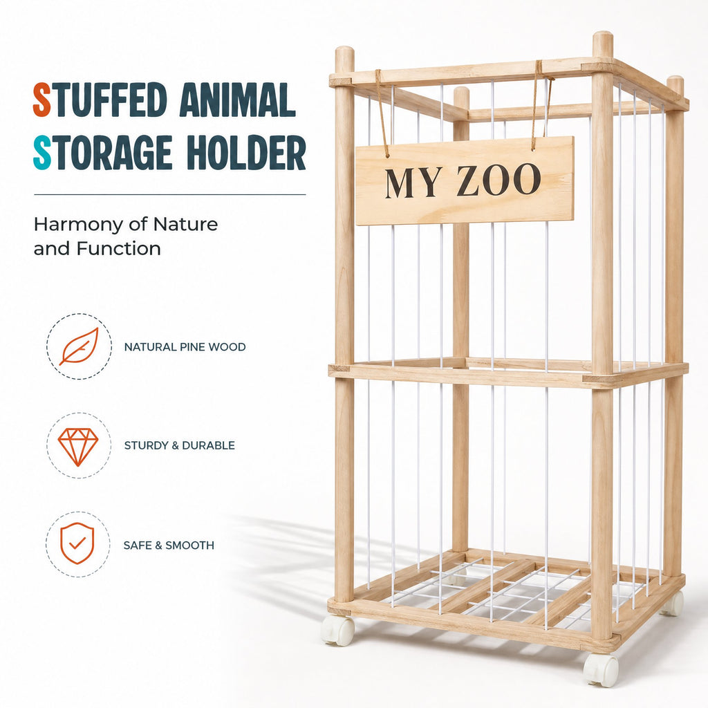 Doulami Wooden Stuffed Animal Storage, Holds Up to 40 Plush Toys, Vertical Corner Plush Toy Storage with Elastic Straps, Zoo Toy Organizer for Kids Nursery Bedroom Playroom