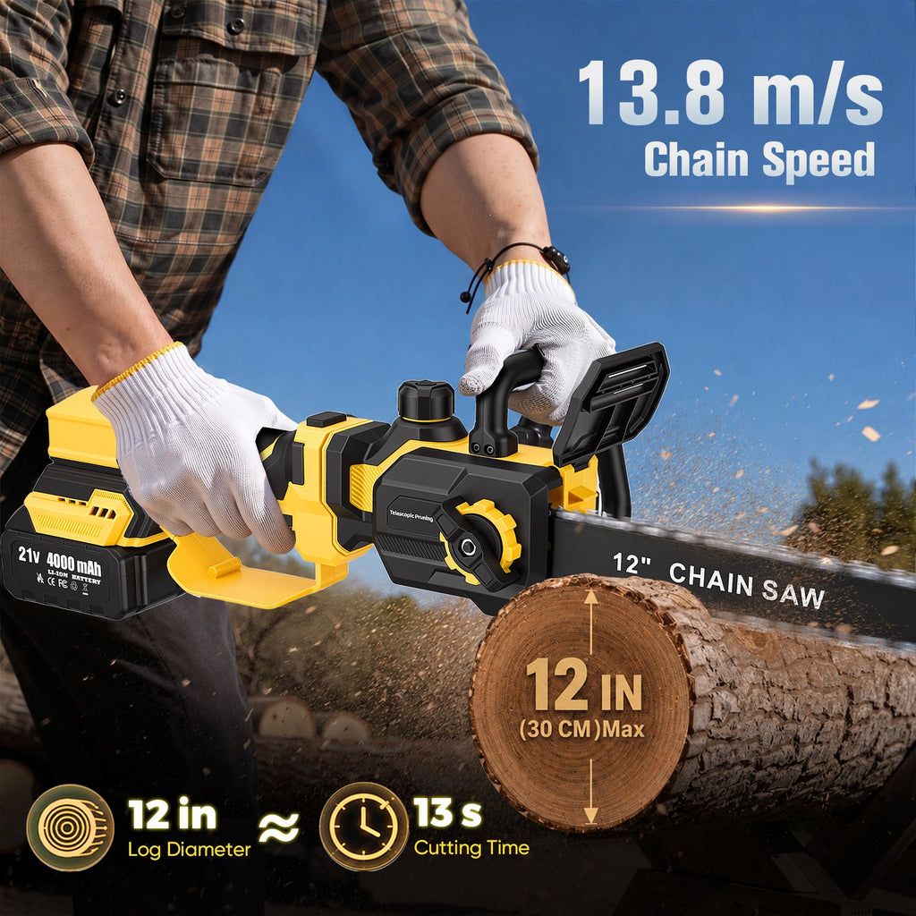 Doulami 12 Inch Cordless Chainsaw, 21V Brushless Power Chain Saw with 2 Batteries, 2-in-1 Telescopic Pole Saw for Tree Trimming, Tool-Free Tension & Auto Lubrication