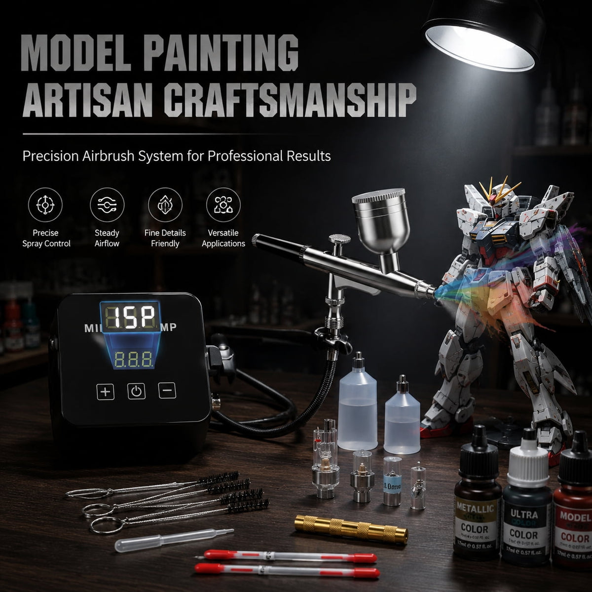 Doulami Airbrush Kit with Air Compressor, Digital Display High Pressure Air Brush Non-Clogging with 0.2/0.5mm Nozzle, for Painting,Modeling,Cake Decor, Makeup,Black