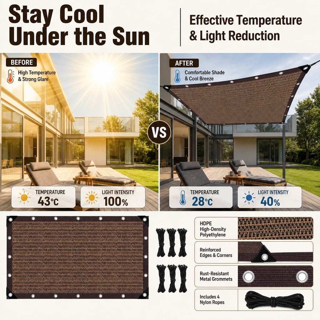 Doulami 10' X 19' Sun Shade Cloth, 90% Patio Sun Shade Canopy, Rectangle Sand UV Block Sunshade for Backyard Yard Deck Patio Garden Outdoor Activities and Facility,brown