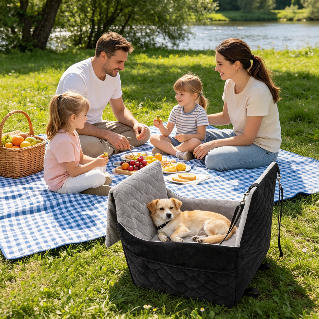 Doulami Dog Car Seat, Dog Booster Car Seats for Small & Medium Breeds Up to 35lbs, Fully Detachable and Washable, Soft Foam Pet Car seat with 2 Storage Pockets & 3 Safety Belts, Black & Gray