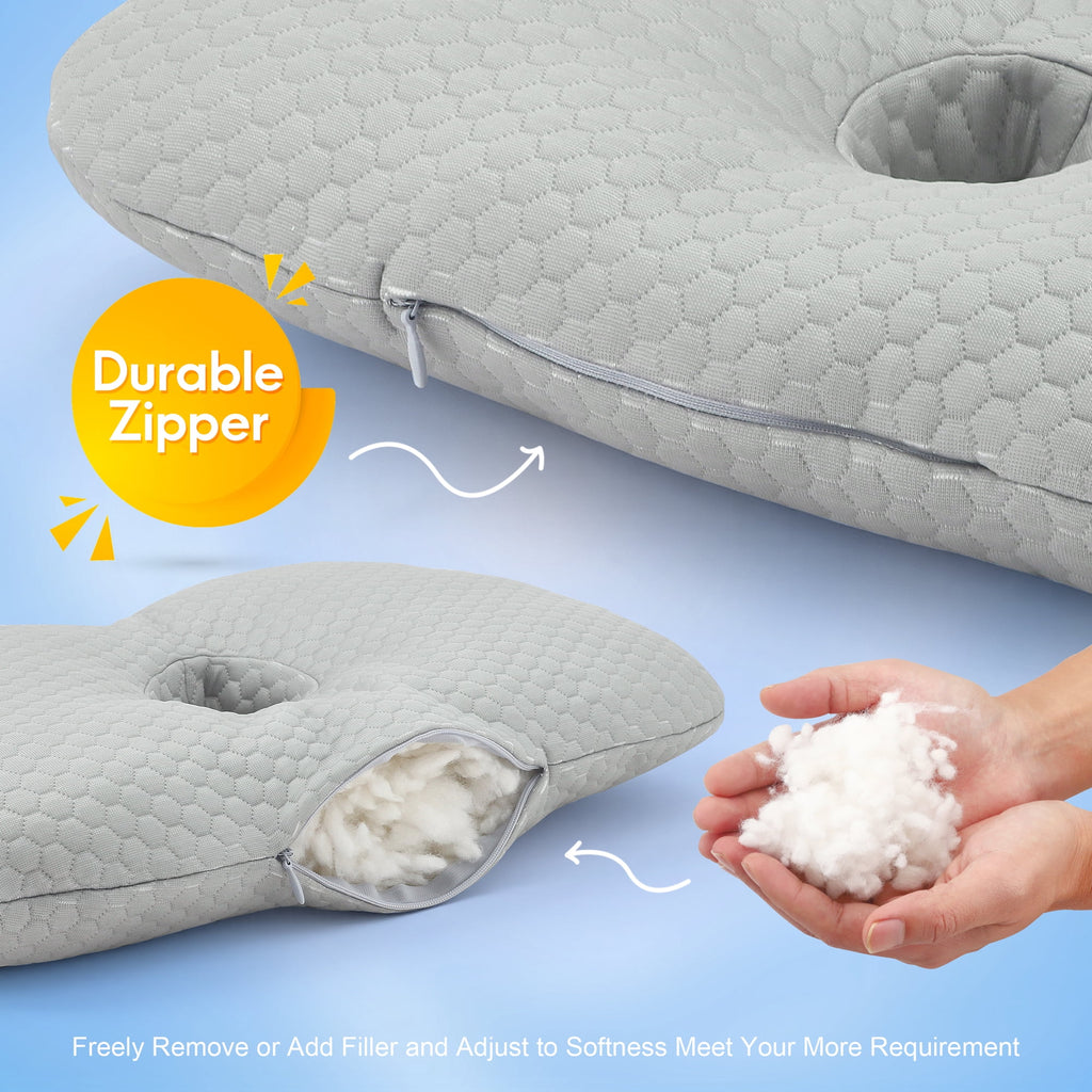 Doulami Side Sleeper Pillow with Center Hole, 3.5" Opening Cotton Polyester Washable Adjustable Pillow for Side Sleepers, Gray