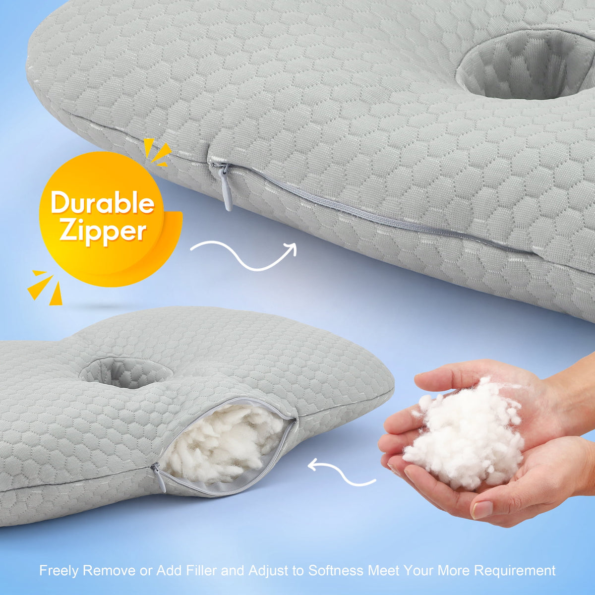 Doulami Side Sleeper Pillow with Center Hole, 3.5" Opening Cotton Polyester Washable Adjustable Pillow for Side Sleepers, Gray