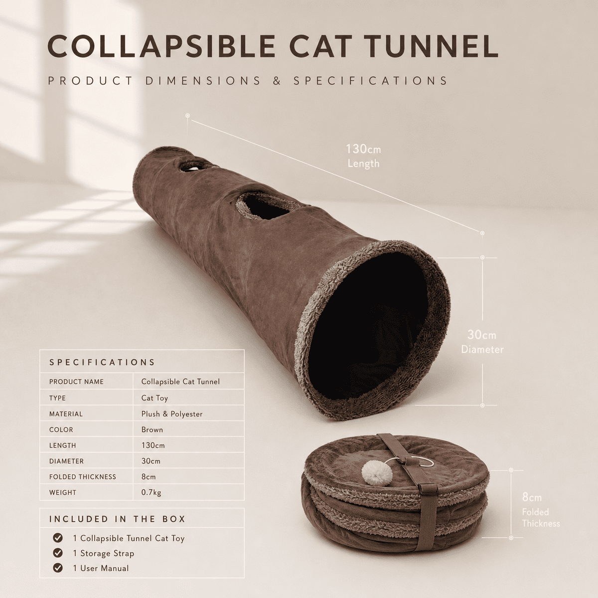 Doulami Cat Tunnel, 51.2" Collapsible Foldable Tunnel with Peek Holes, Interactive Toy for Large Cats Kittens Play Rest Hideaway