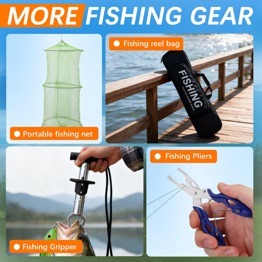 Doulami Fishing Poles, 102-Pcs Lure Kit, 2 Telescopic Fishing Poles (5.9ft & 6.9ft) with Spincast Reel, Hooks Lures Swivels Carry Bag for Beginners