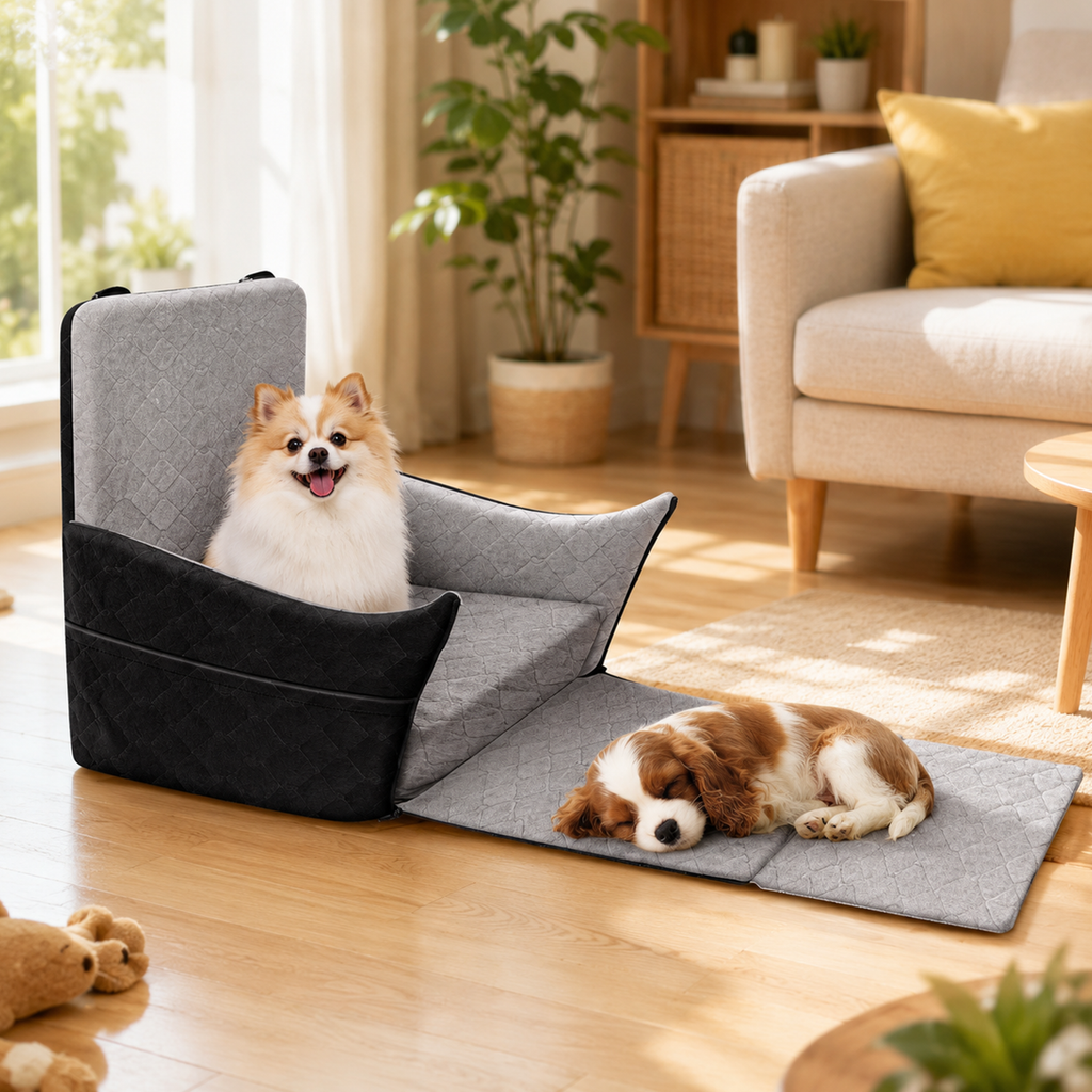 Doulami Dog Car Seat, Dog Booster Car Seats for Small & Medium Breeds Up to 35lbs, Fully Detachable and Washable, Soft Foam Pet Car seat with 2 Storage Pockets & 3 Safety Belts, Black & Gray