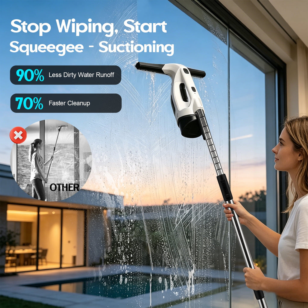 Window Vacuum Squeegee with 31-40" Extension Pole, 2000Pa Electric Window Cleaner Tool with 150ml Tank, 2200mAh Cordless Window Vacuum for Windows, Shower Doors, Mirrors and Tiles