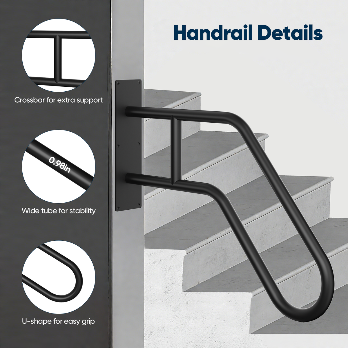 Doulami Wall Mount Handrail for Outdoor Steps, 24.8" U-Shaped Welded Stair Grab Bar with Hardware Kit, Waterproof Rustproof for Porch Garage Bathroom Seniors Safety