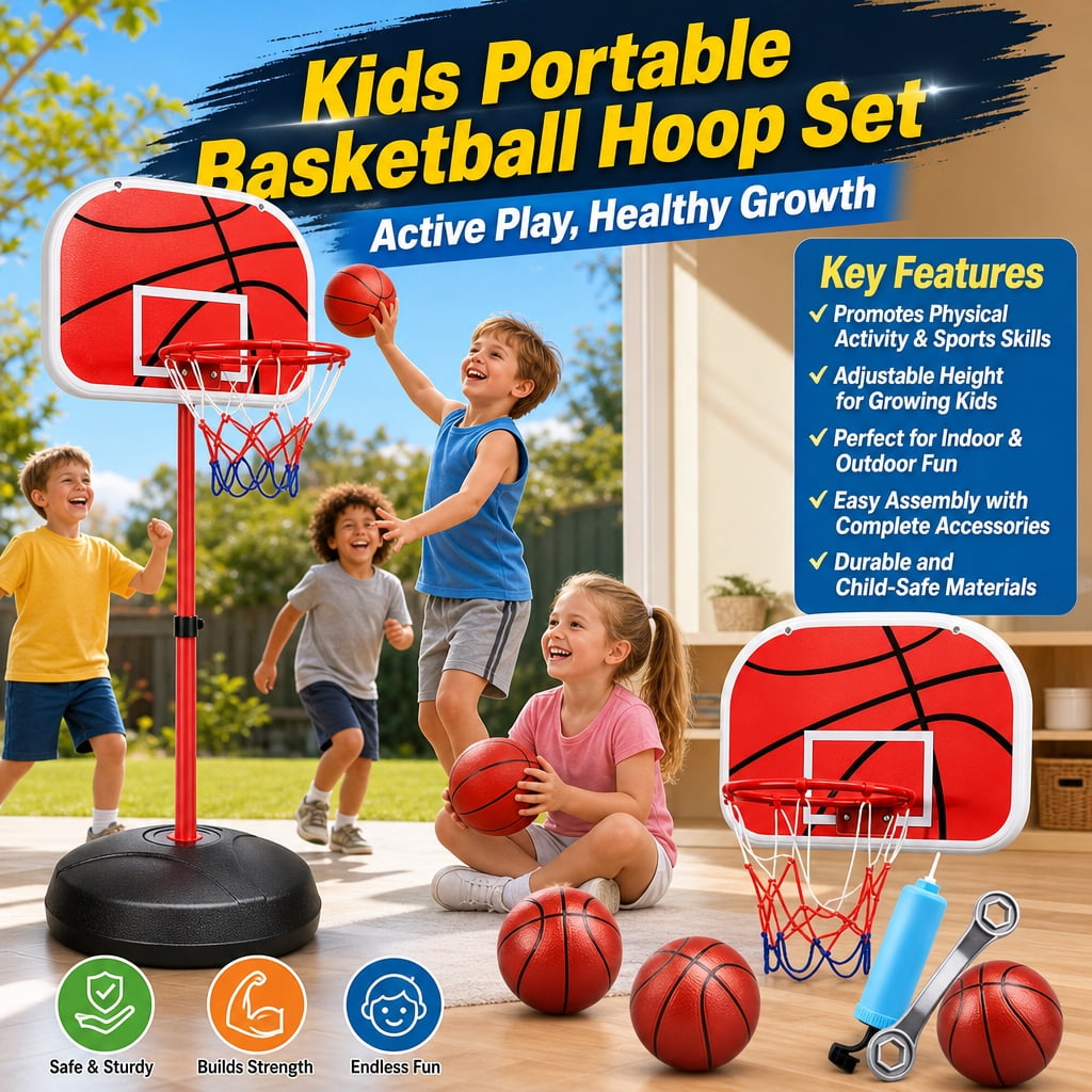 Doulami Kids Basketball Hoop, 1.8M Height Adjustable Indoor Outdoor Mini Basketball Goal Set with 3 Basketballs & Inflatable Pump, Sports Toy Gift for Boys Girls 3-8 Years Old