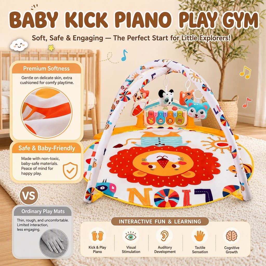 Doulami Baby Play Mat, Lion Activity Gym with Hanging Toys, Music Piano Panel and Round Tummy Time Mat for Babies