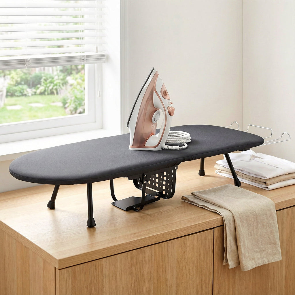 Doulami Small Tabletop Ironing Board with Retractable Iron Rest & Storage Basket, Foldable 4-Layer Heat Resistant Cover, Sturdy Support, Space-Saving for Laundry Room Apartment Dorm