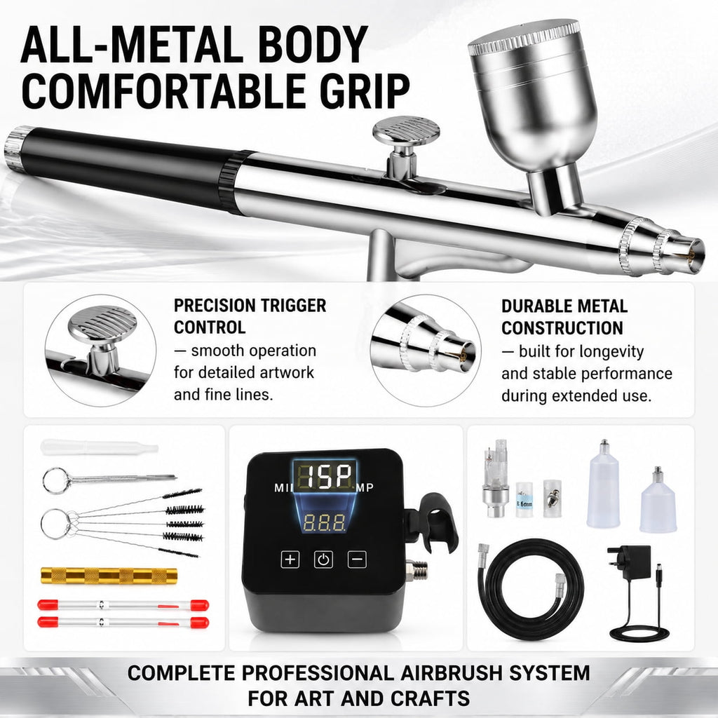 Doulami Airbrush Kit with Air Compressor, Digital Display High Pressure Air Brush Non-Clogging with 0.2/0.5mm Nozzle, for Painting,Modeling,Cake Decor, Makeup,Black