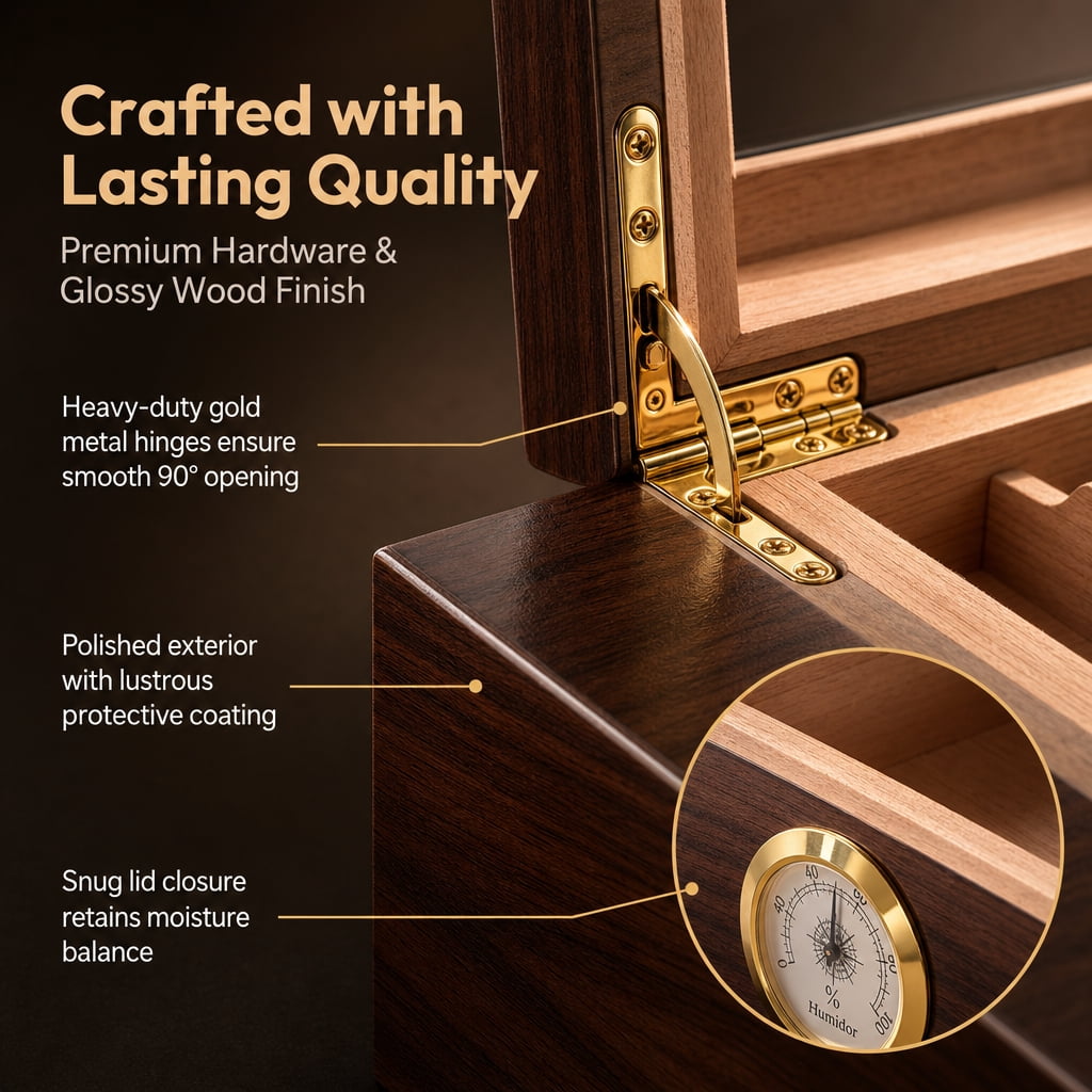 Doulami Handmade Cigar Humidor, featuring Cedar wood desktop box with built-in humidifier and hygrometer, glass top, and capacity for 50 cigars, in brown