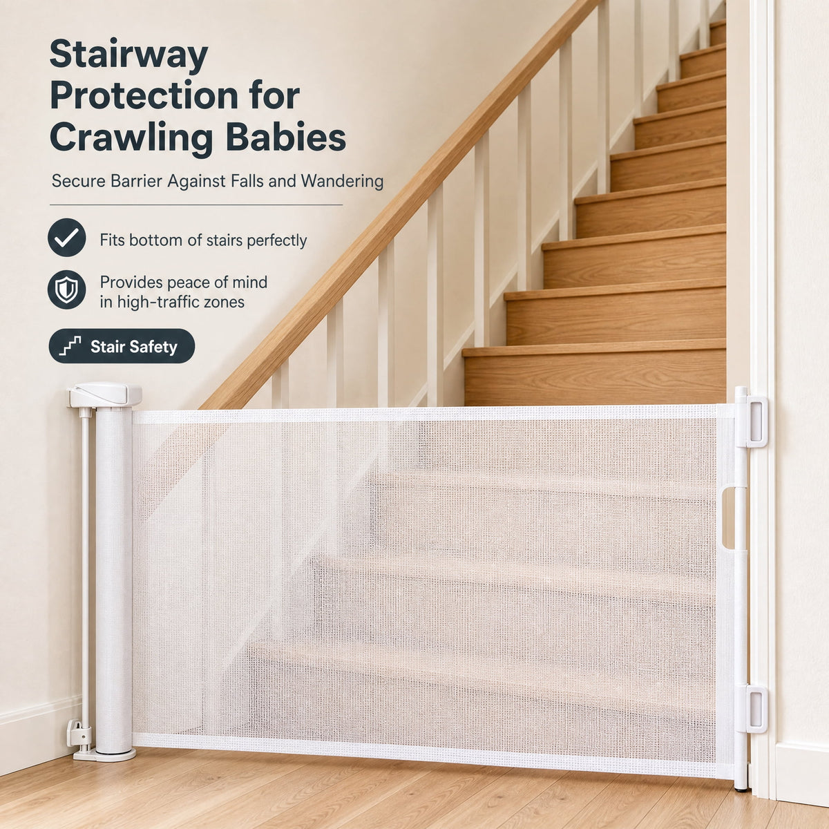 Doulami Retractable Baby Gate for Stairs, 70" Wide x 34" Tall Extra Wide Mesh Pet Dog&Cat Gate with Auto-Lock Safety, White