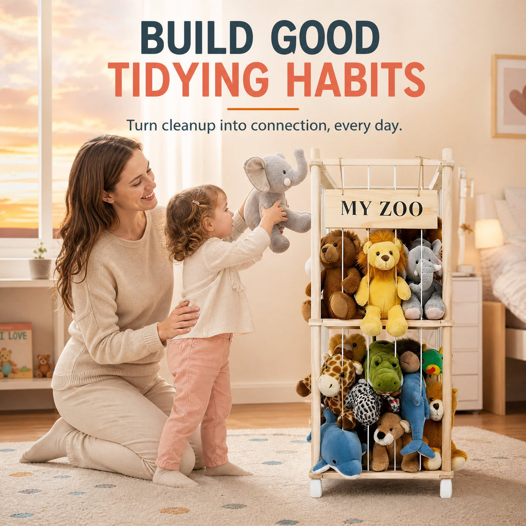 Doulami Wooden Stuffed Animal Storage, Holds Up to 40 Plush Toys, Vertical Corner Plush Toy Storage with Elastic Straps, Zoo Toy Organizer for Kids Nursery Bedroom Playroom
