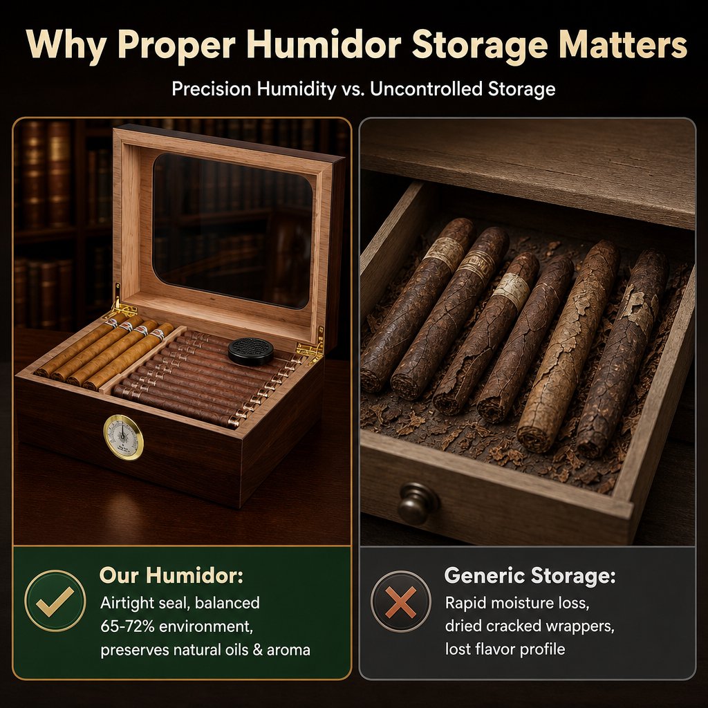 Doulami Handmade Cigar Humidor, featuring Cedar wood desktop box with built-in humidifier and hygrometer, glass top, and capacity for 50 cigars, in brown