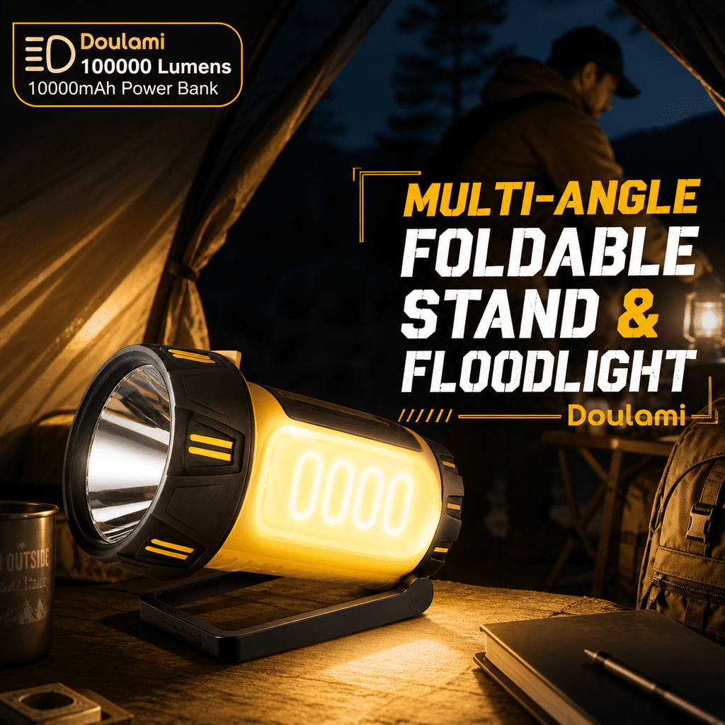 Doulami 100000 Lumen Rechargeable LED Spotlight Flashlight, Built-in 10000mAh Large Capacity Battery, IP67 Waterproof Handheld Torch with Foldable Stand for Camping Hiking Emergency