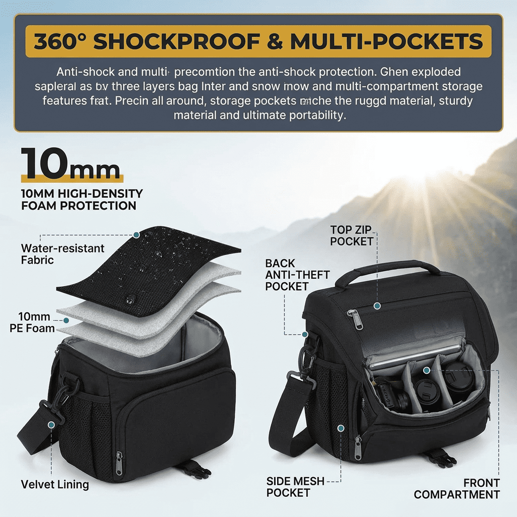 Doulami Camera Crossbody Sling Bag, Shockproof DSLR Mirrorless, Waterproof Rain Cover & Tripod Holder, Custom Dividers Adjustable Strap, Black