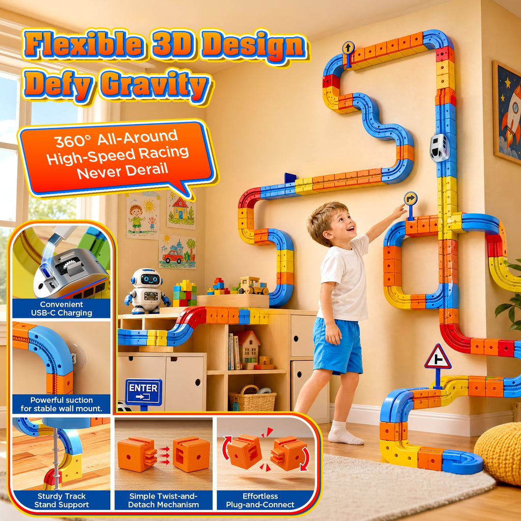 Doulami Electric Train Set for Kids, 147PCS Gravity-Defying 3D Racing Track Sets with Electric Train, Traffic Signs, STEM Train Toys Birthday Gifts for Boys and Girls Age 3+ Years Old