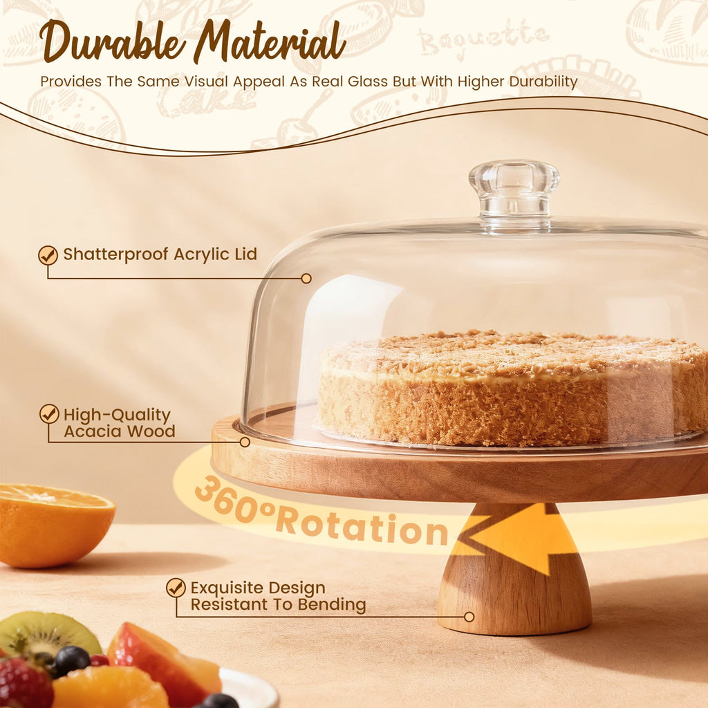 Doulami 12 Inch Cake Stand with Glass Dome, Wooden Cake Display Stand, Multifunctional Serving Tray for Dessert Fruit Salad