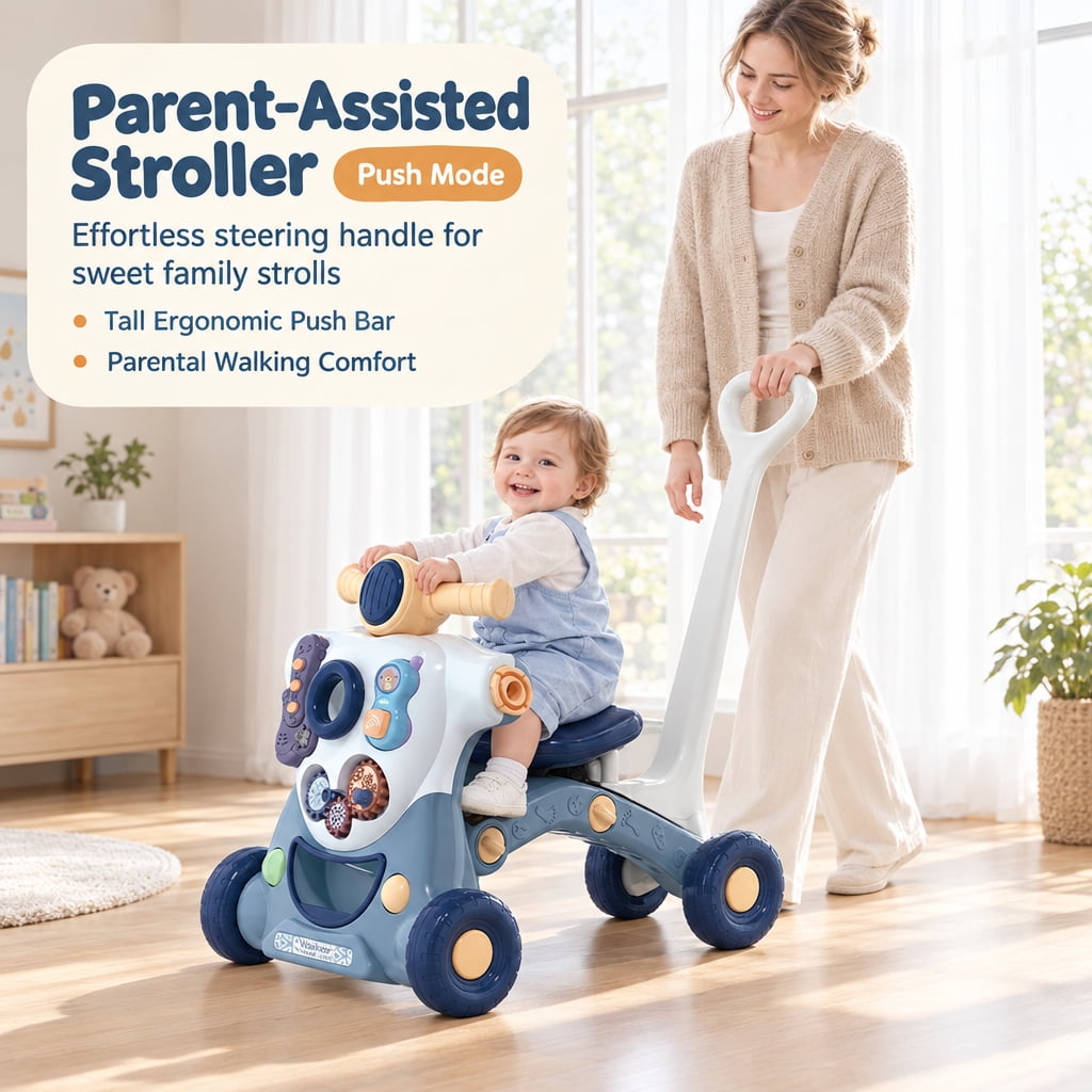 Doulami Baby Walk, 6-in-1 Baby Walker Ride On Toy with Activity Panel, Music, Lights, Push Handle and Rocking Base, Morandi Blue
