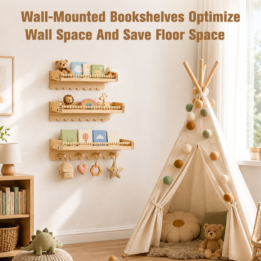 Doulami Nursery Bookshelf, Set of 3 Pine Wall Shelves with Hooks for Kids Room Gift, Nursery Book and Toy Storage, Neutral Nursery Decor