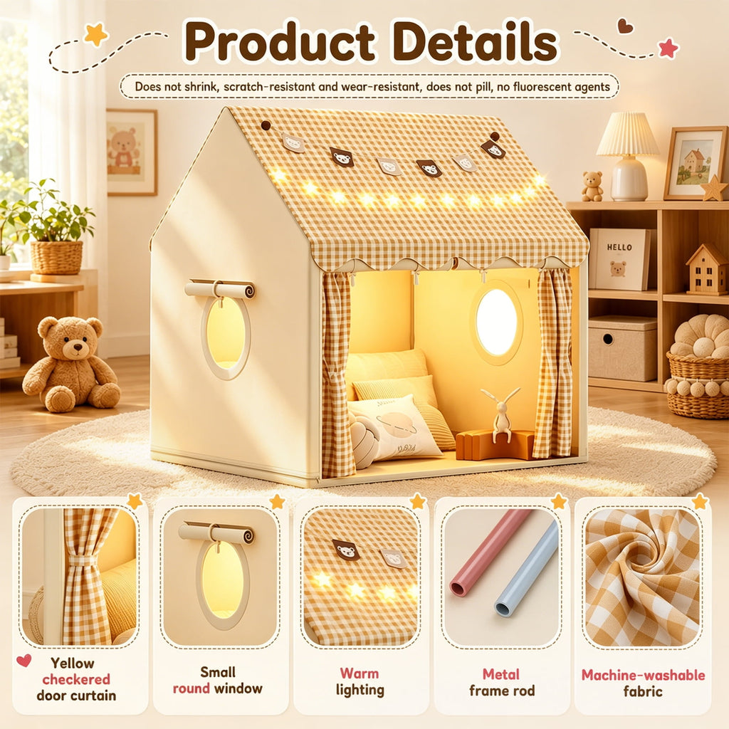 DOULAMI Kids Play Tent Indoor with Star Lights & Bear Garland - Spacious Playhouse Tent for Kids, Durable Kids Toys for Girls Boys Birthday Gift