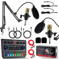 DOULAMI Podcast Equipment Bundle, 2 Condenser Microphones with Audio Interface Mixer, Sound Card, Voice Changer, Boom Arm for PC Phone Streaming Recording